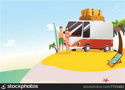 A vector illustration of Couple Going on Surfing Summer Vacation