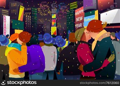 A vector illustration of Couples Kissing During New Year Celebration