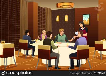 A vector illustration of customer giving a credit card to a waiter in a restaurant