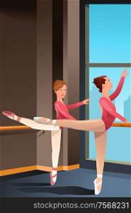 A vector illustration of cute ballerina girls practicing ballet dance in a studio