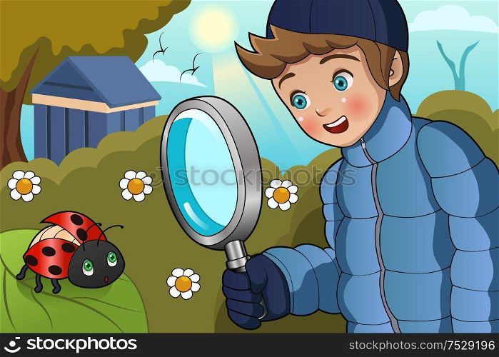 A vector illustration of cute boy looking at ladybug on a leaf using a magnifying glass