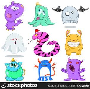 A vector illustration of cute funny and scary monsters for Halloween.