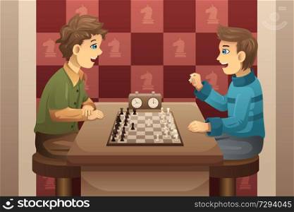 A vector illustration of cute happy kids playing chess