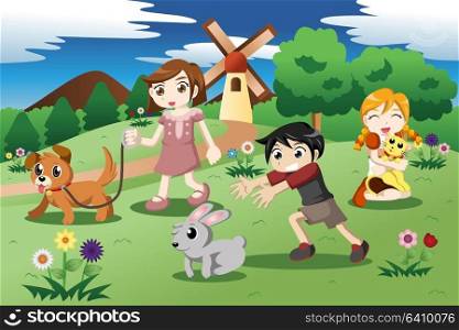 A vector illustration of cute kids playing with their pets in the garden