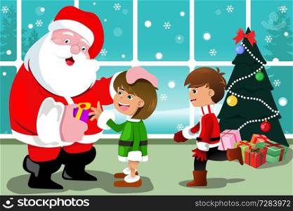 A vector illustration of cute little kids with santa claus