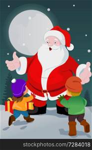 A vector illustration of cute little kids with santa claus