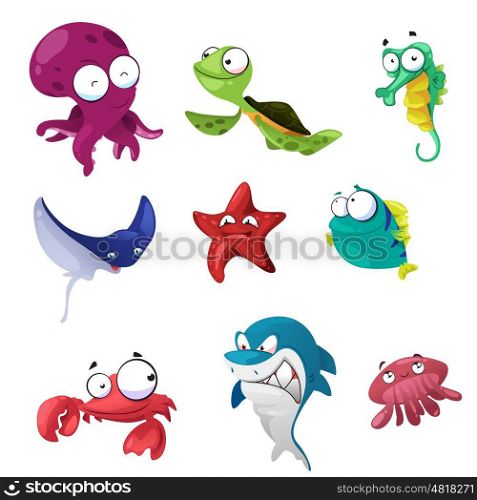 A vector illustration of cute marine animals icon sets