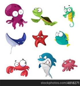A vector illustration of cute marine animals icon sets