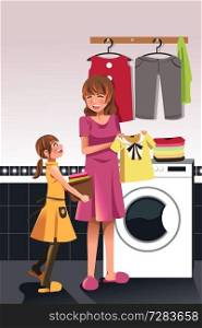 A vector illustration of daughter helping her mother doing laundry