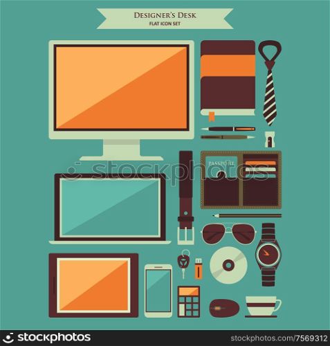 A vector illustration of Designer Desktop Items Flat Icons