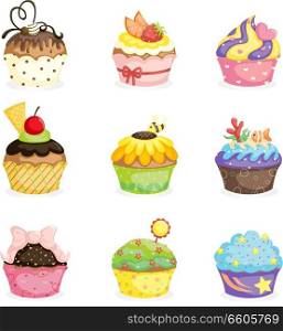 A vector illustration of different cupcakes designs