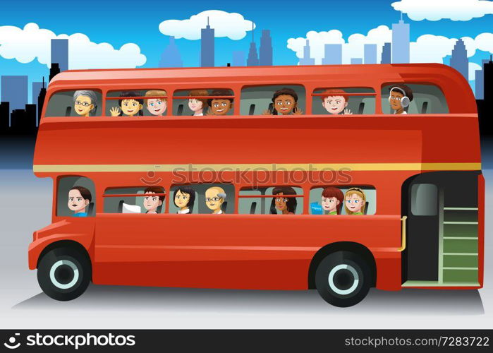 A vector illustration of different people looking out from the windows of a bus