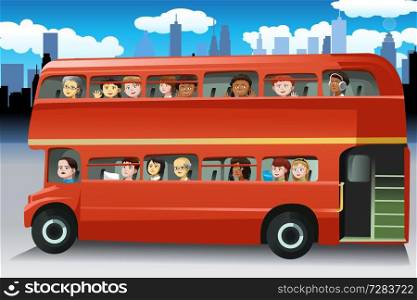 A vector illustration of different people looking out from the windows of a bus