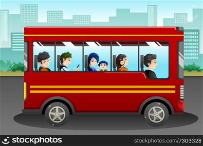 A vector illustration of different people riding a bus