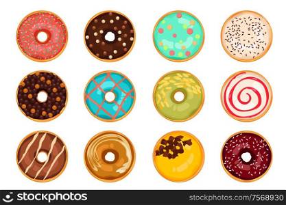 A vector illustration of different types of donuts
