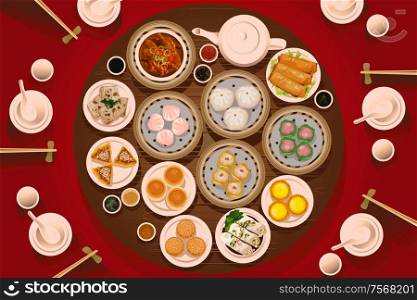 A vector illustration of dimsum on the table viewed from above