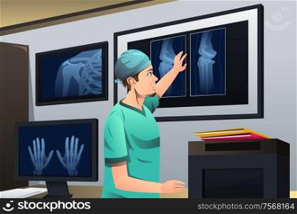 A vector illustration of doctor looking at x-ray on lightbox