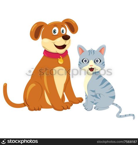 A vector illustration of dog and cat sitting next to each other
