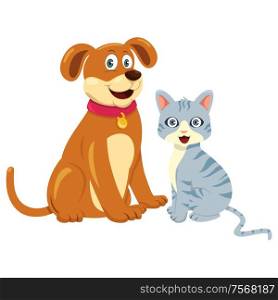 A vector illustration of dog and cat sitting next to each other