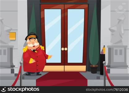 A vector illustration of Doorman Standing in Front of the Entrance Doors
