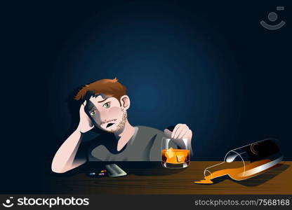 A vector illustration of drunk man with bottle of alcohol for emotional crisis concept