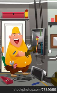 A vector illustration of electrician working in front of fuse switch board