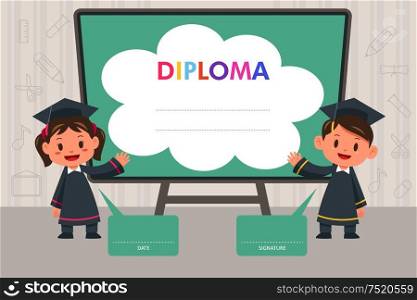A vector illustration of elementary school kids diploma background design template