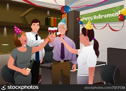 A vector illustration of employees in the office celebrating a happy retirement party of a coworker
