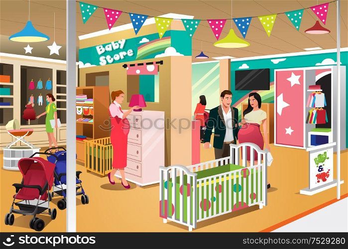 A vector illustration of expecting couple buying a crib at a baby store