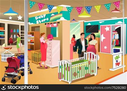 A vector illustration of expecting couple buying a crib at a baby store