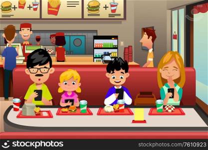 A vector illustration of Family Busy with their electronic device while Eating Out in the Restaurant
