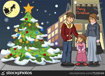 A vector illustration of family celebrating Christmas on a snowy day