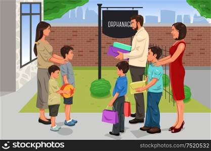 A vector illustration of family giving donation to the orphanage