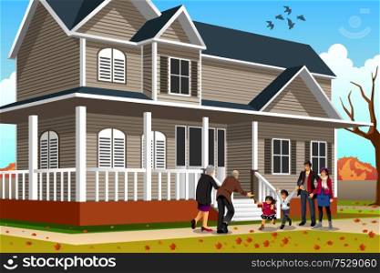 A vector illustration of family greets grandparents coming for Thanksgiving
