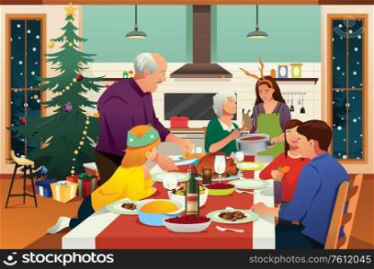 A vector illustration of Family Having Christmas Dinner Together