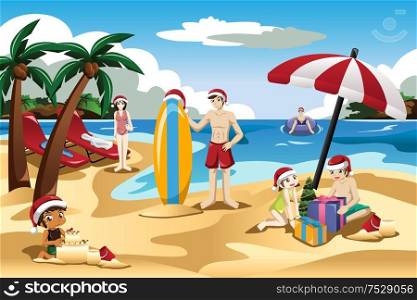 A vector illustration of family having fun together celebrating Christmas on the beach