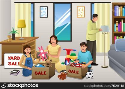 A vector illustration of family sorting items for a garage sale