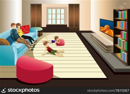 A vector illustration of Family Watching Television at Home