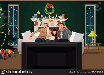 A vector illustration of Family Watching TV During Christmas Season