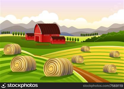 A vector illustration of farm scene with rolled hays