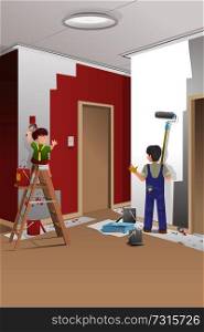 A vector illustration of father and son painting a wall at home together