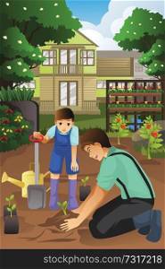 A vector illustration of father and son planting in the garden together