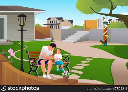 A vector illustration of father and son playing with bird on bird feeders in the backyards