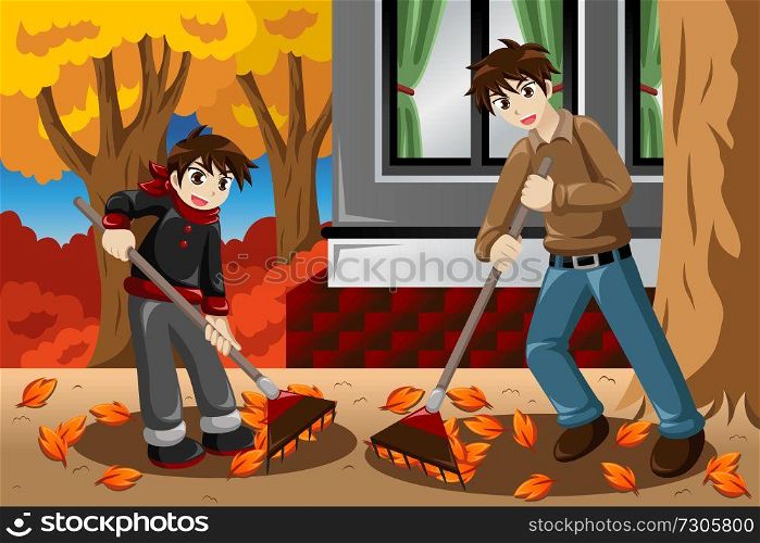 A vector illustration of father and son raking leaves in the garden during Fall season