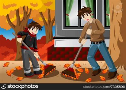 A vector illustration of father and son raking leaves in the garden during Fall season