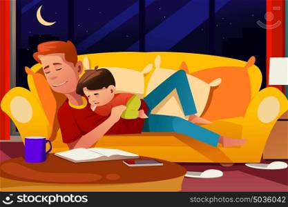 A vector illustration of Father and Son Sleeping on the Couch
