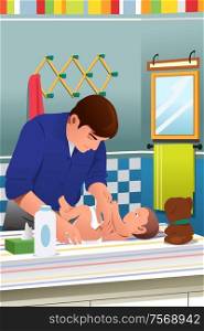 A vector illustration of father changing his child diaper in bathroom