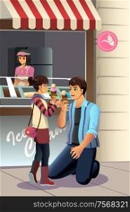 A vector illustration of father eating ice cream together with his daughter
