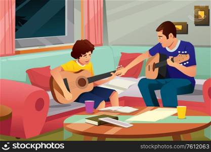 A vector illustration of father playing guitar with his son