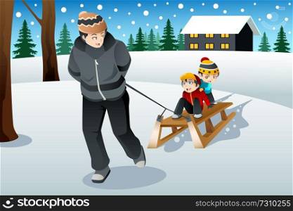 A vector illustration of father pulling his sons riding on a sled